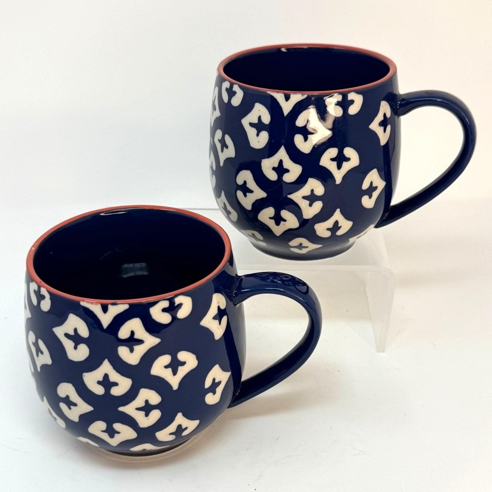 Vtg Amaris Baum Brothers Large Tea Mug Pair Coffee Cups Blue White Tile‎ Design